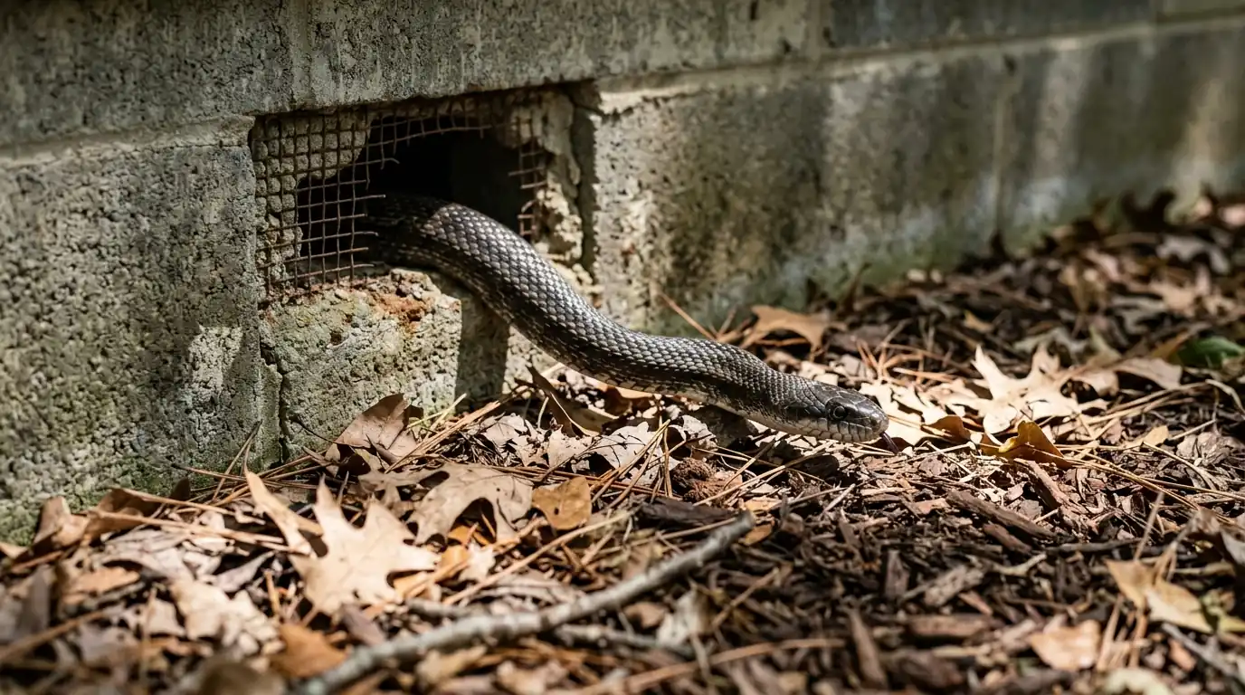A rat snake emerging from a gap in a block foundation vent